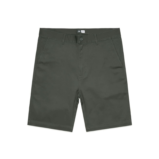 Plain 19" shorts in an olive green colour, featuring a button closure and front pockets. Includes a brand logo.