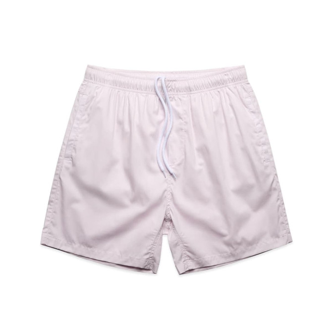 Light pink beach shorts featuring an elastic waistband and drawstring, with a logo on the side.