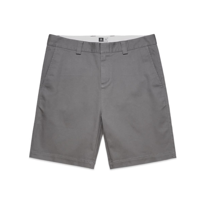 Grey work shorts featuring two front pockets and a waistband with belt loops. The shorts have a logo on the waistband.