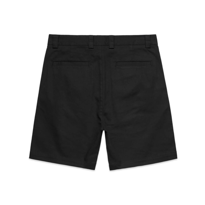Black uniform shorts with a plain design, featuring two back pockets and a logo.