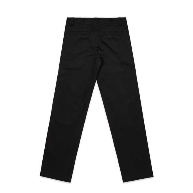 Black slacks displayed from the back, featuring pockets and a waistband with belt loops. The image includes a logo.