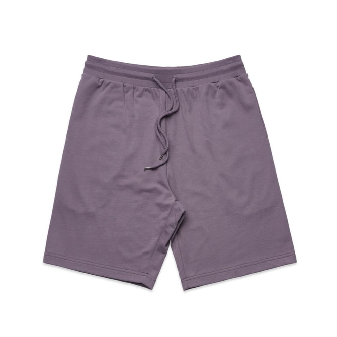A pair of grey sports shorts with an elastic waistband and drawstring, featuring a logo.