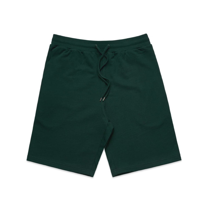 Dark green sports shorts featuring an elastic waistband and drawstring, with a logo present on the garment.