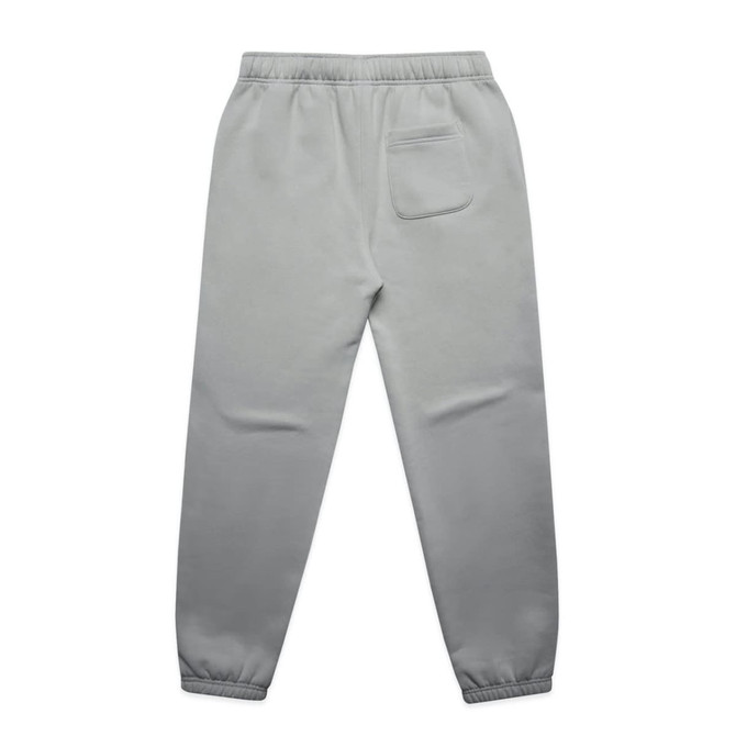 A pair of light grey track pants featuring an elastic waistband and a single back pocket.