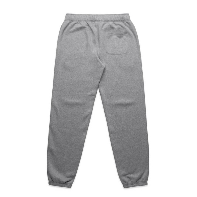 Grey track pants featuring a tapered leg design and a back pocket, with an elastic waistband.