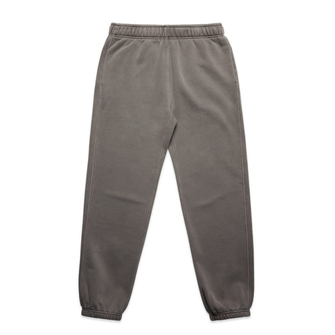 Faded olive-green track pants with an elastic waistband and cuffs, featuring side pockets and a logo.