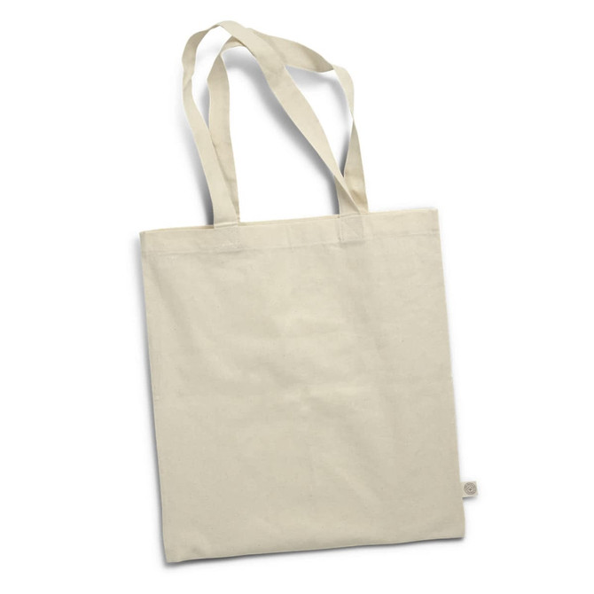A cream-coloured tote bag with two handles, featuring a small logo on one side.