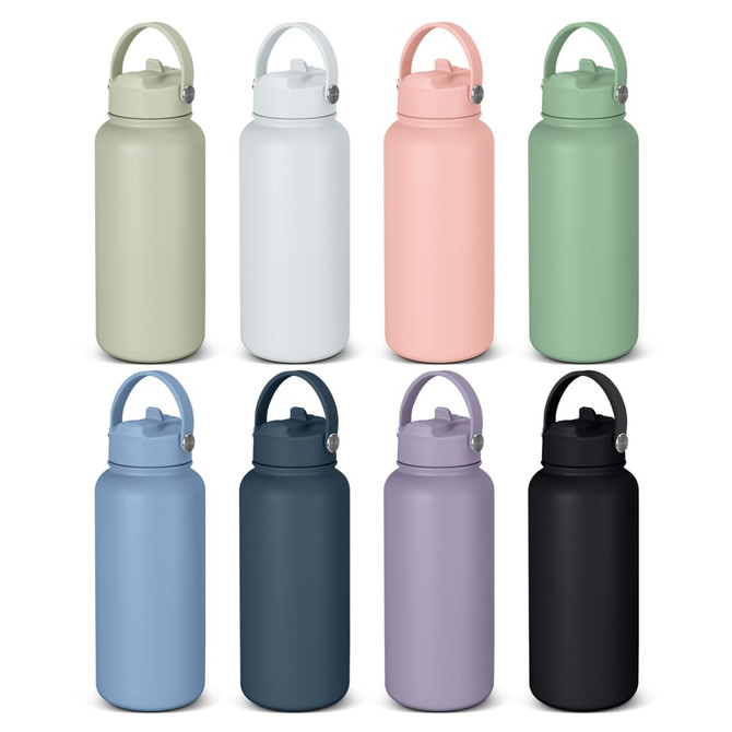 A drink bottle collection featuring various colours: green, white, pink, mint, navy, lavender, and black, with handles and logos.