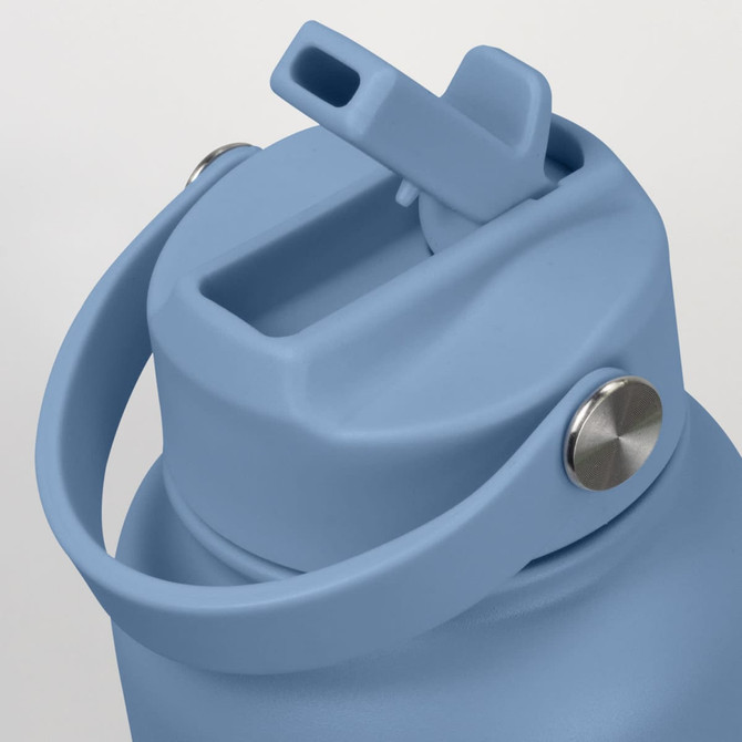 A drink bottle in a light blue colour featuring a wide mouth opening and a handle. It has a logo on the side.