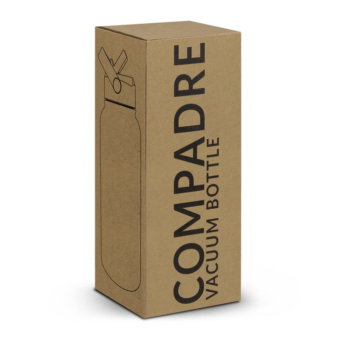 A drink bottle in a brown packaging box, featuring a simple outline design and a logo.