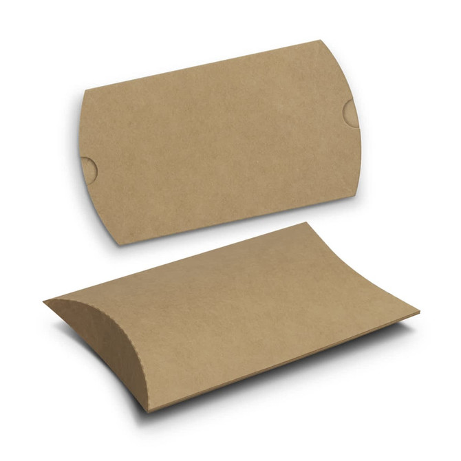 A small, brown, pillow-shaped box made from kraft paper with rounded edges. It features a simple design and a logo.