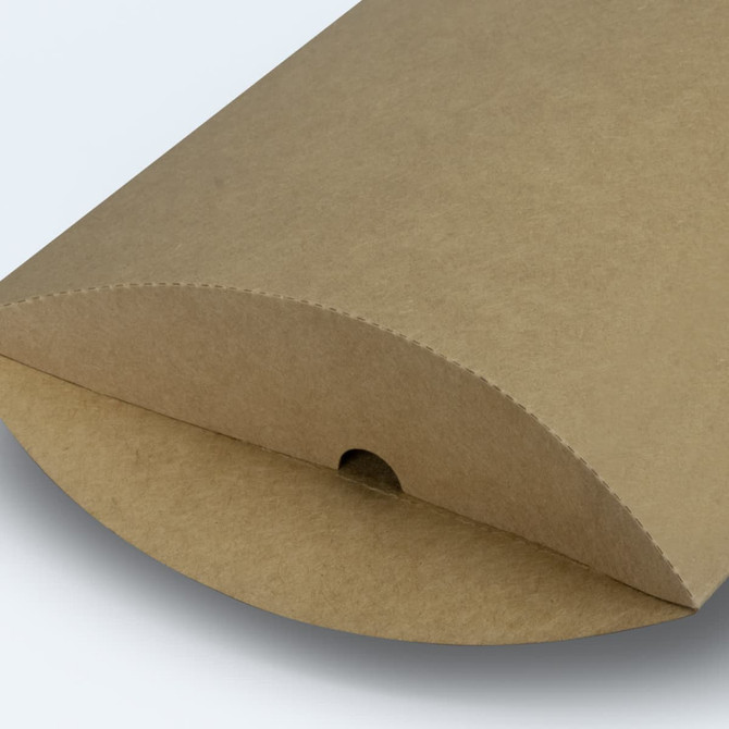 A medium-sized, kraft paper pillow box with a rounded end and a small opening for easy access.