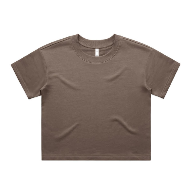 A brown short-sleeve T-shirt with a round neckline and a simple design. It features a logo on the inside tag.