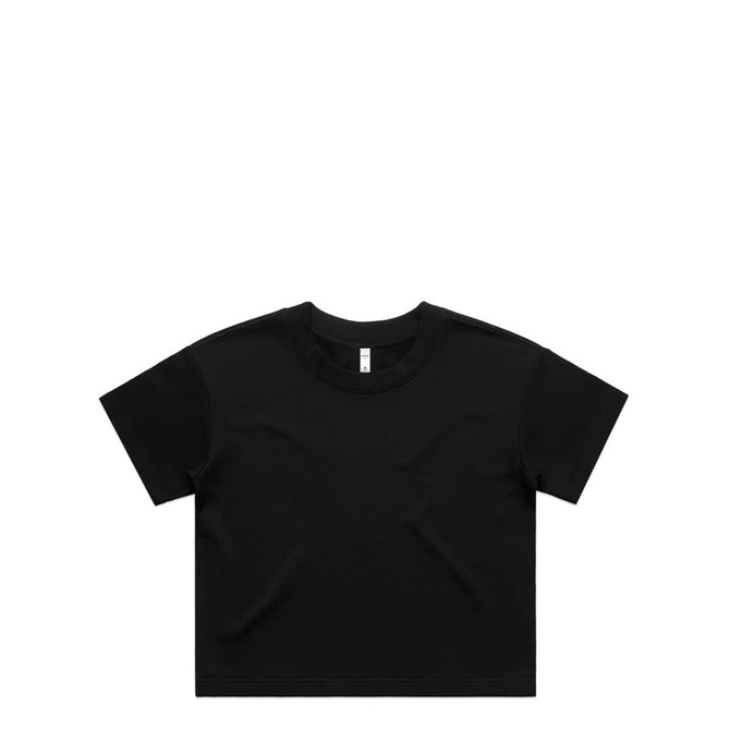 A black T-shirt with a round neckline and short sleeves. Features a logo on the front.