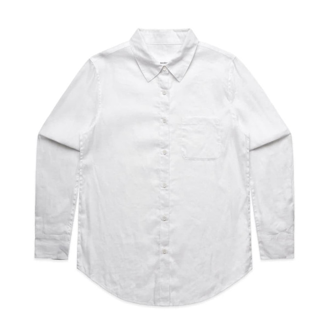 A white button-up shirt with long sleeves and a single chest pocket, featuring a logo.