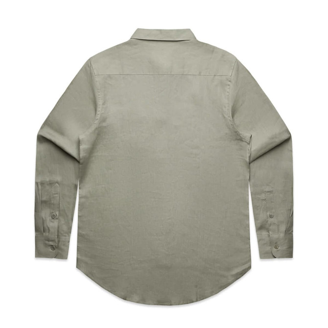 A green button-up linen shirt with long sleeves and a classic collar, featuring a logo on the label.