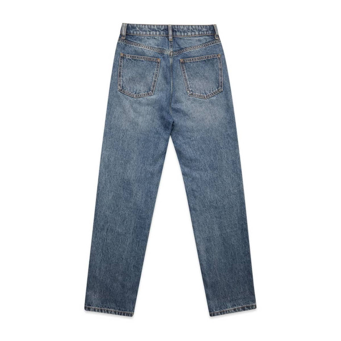 Straight leg jeans in light blue denim, featuring two back pockets and a brand logo. Straight leg jeans in light blue denim, featuring two back pockets and a brand logo.