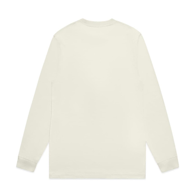 A long-sleeve tee shirt in a muted cream colour, featuring a simple design with a logo.