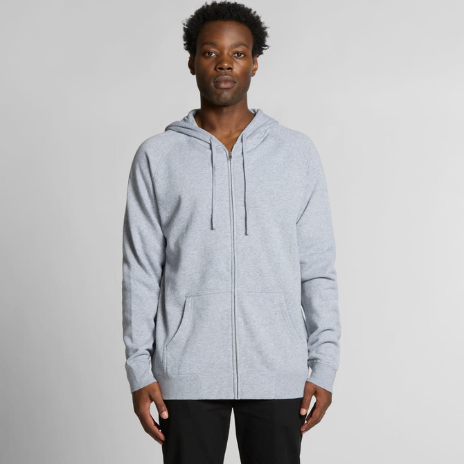 A grey zip-up hoodie with a hood, featuring a front pocket and a branding logo.