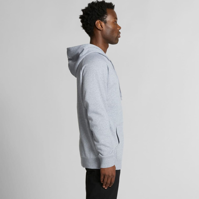 A grey hoodie with a kangaroo pocket and a hood, featuring a logo. Side profile of a model wearing it.