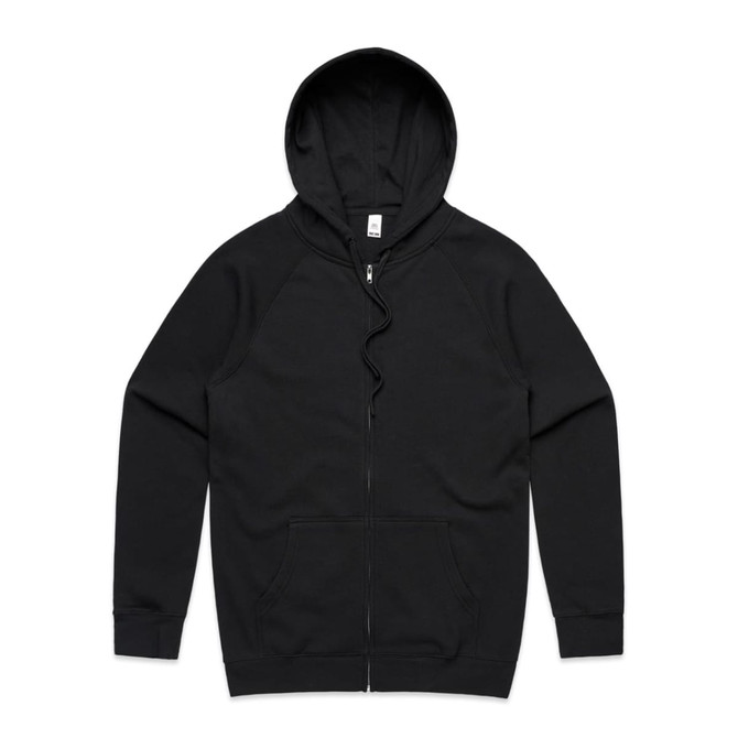 A black zip-up hoodie with a hood and long sleeves, featuring a logo on it.