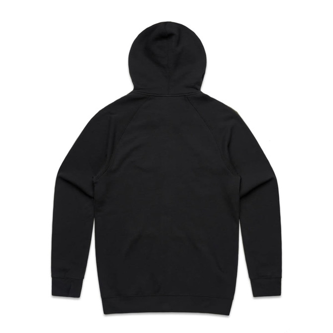 A black hooded jumper with a simple design and a logo on the back.