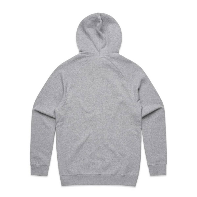 A grey hoodie with a hood and long sleeves, featuring a logo on the back.
