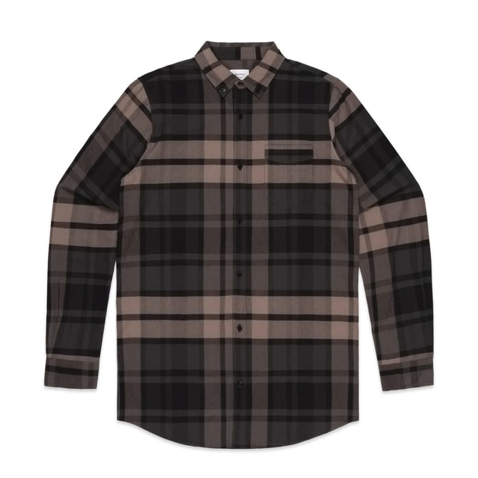 A plaid button-up shirt featuring shades of black, beige, and brown, with a chest pocket and a logo.