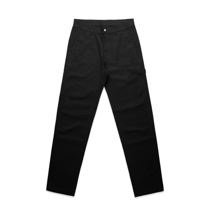 Black cargo pants feature a straight leg design and multiple pockets, along with a logo on the waistband.
