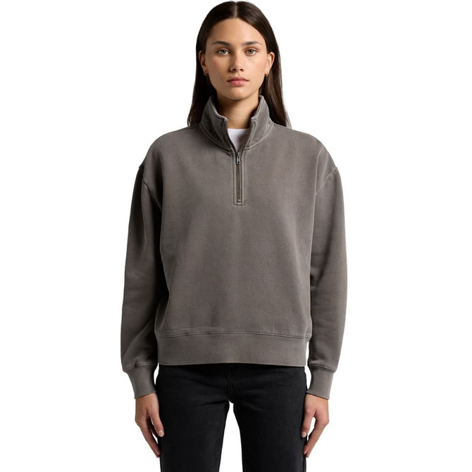 A faded grey half-zip jacket with a high collar and a relaxed fit, featuring a logo on the chest.