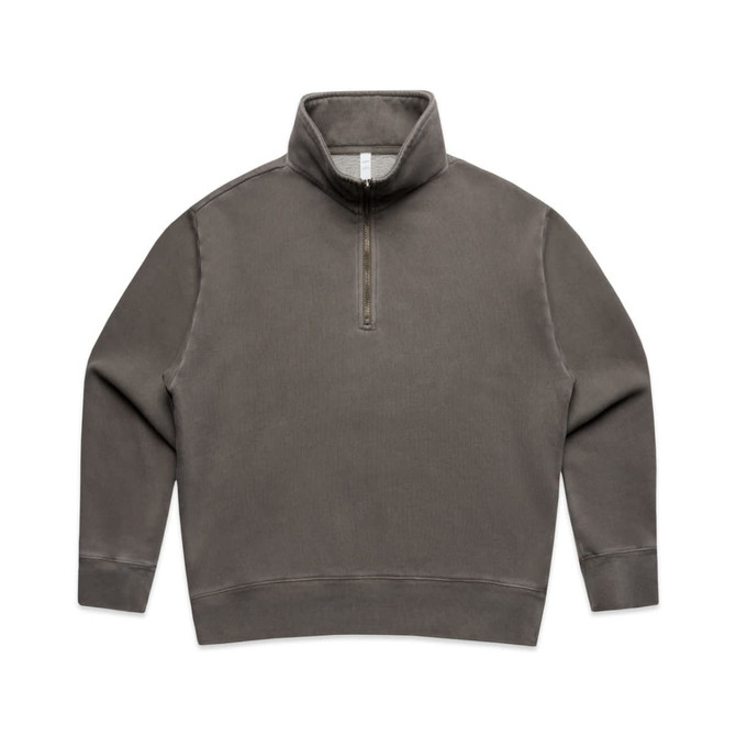 A faded half-zip jacket in a muted green colour, featuring long sleeves and a standing collar. It has a logo on the front.