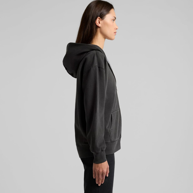 A faded grey zip hoodie with a front pocket and a hood, displayed from the side.