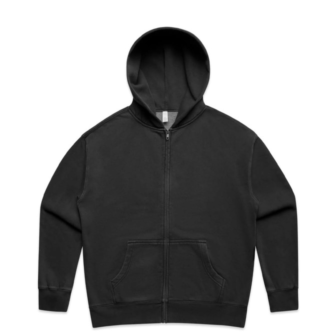 A black zip-up hoodie featuring a hood and front pockets, with a logo present on the design.