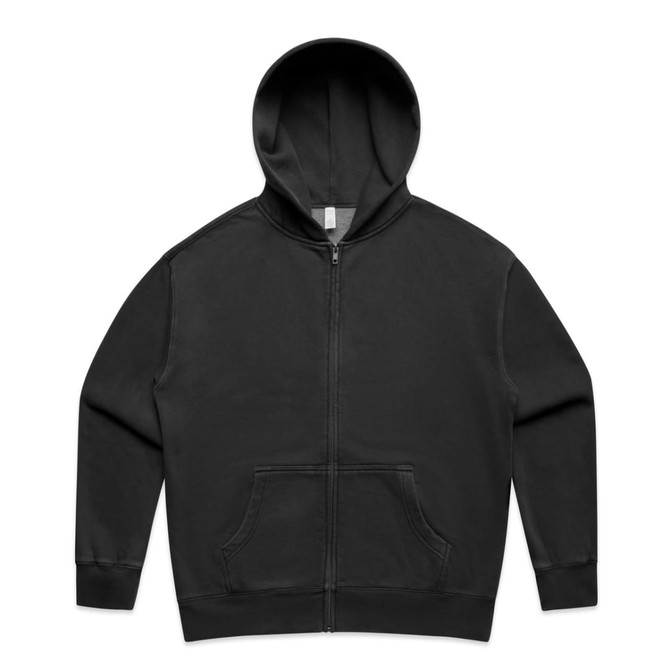 A black zip-up hoodie with a hood and long sleeves, featuring a logo on the front.