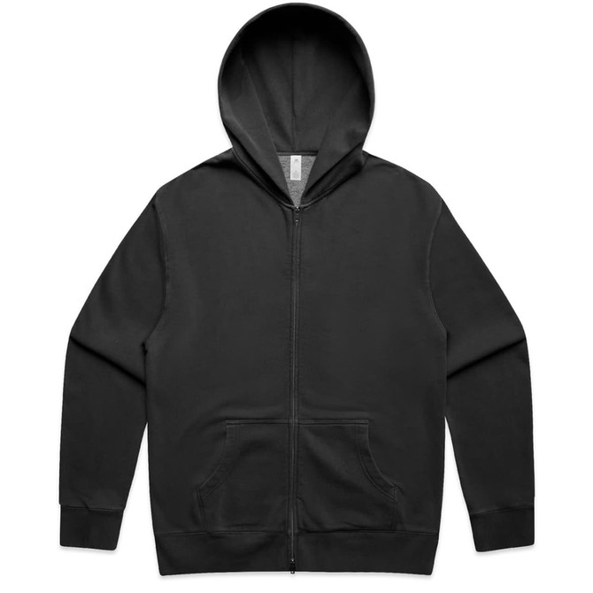 A black zip-up hoodie featuring a hood, long sleeves, and a front pouch pocket. It has a logo on the label.