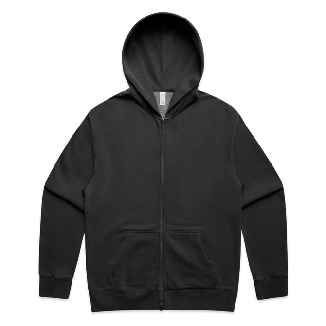 A black zip hoodie with a spacious hood and front pockets, featuring a logo on the label.