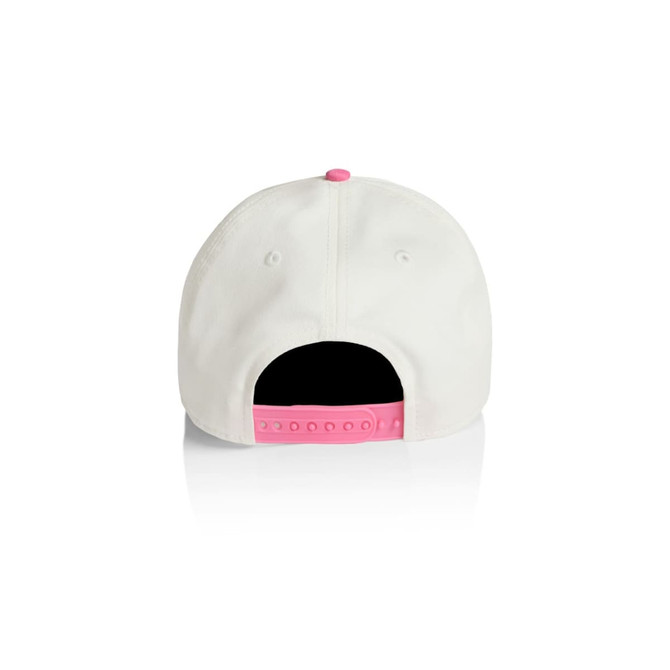 A white two-tone cap with a pink adjustable strap and button at the back, featuring a logo.