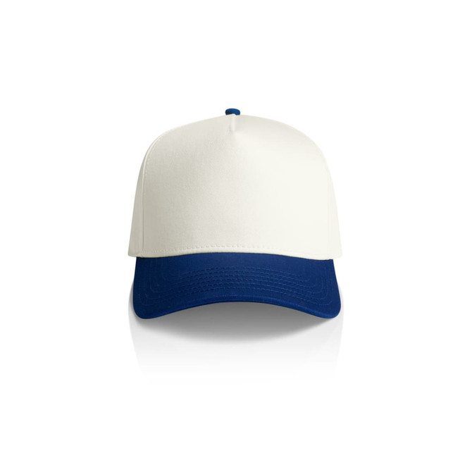 A two-tone cap featuring a white front and a navy blue peak, with a logo on the front.
