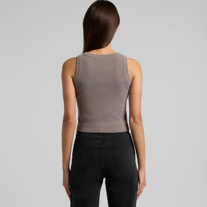 A ribbed crop tank in muted grey, featuring a fitted design and a sleeveless style, with a logo on the back.