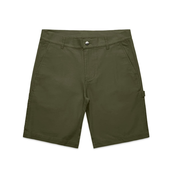 Utility shorts in olive green, featuring multiple pockets and a button closure, with an attached logo.