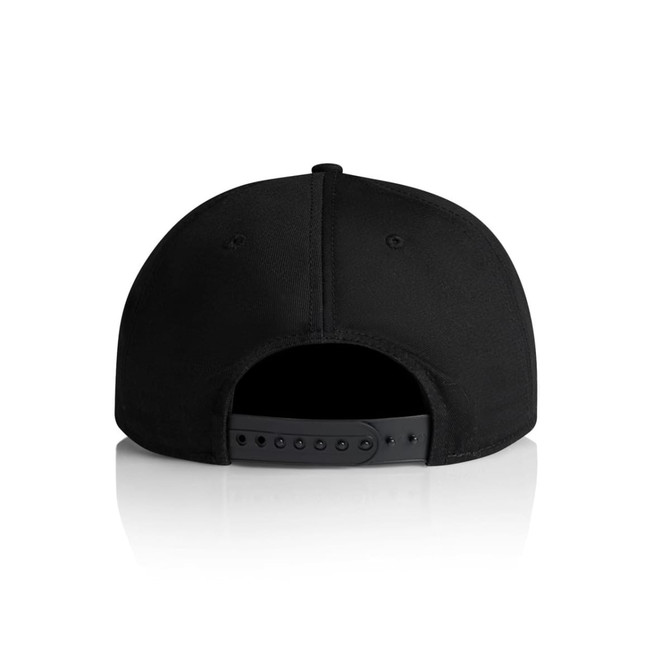 A black 7-panel cap featuring a snapback closure at the rear and a smooth texture.