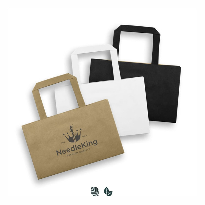 A small flat handle paper bag in brown, white, and black, featuring a logo on the front.