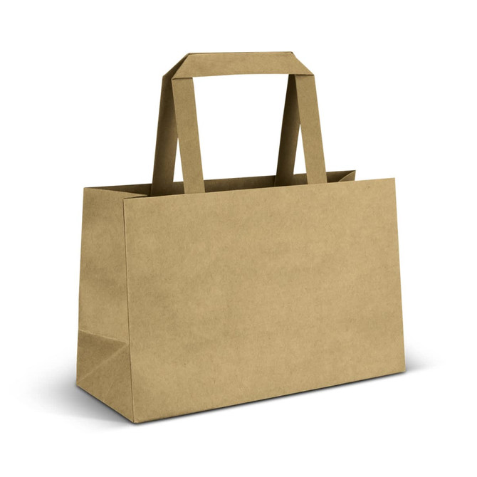 A small flat handle paper bag in a brown kraft colour, featuring two sturdy handles and a rectangular shape.
