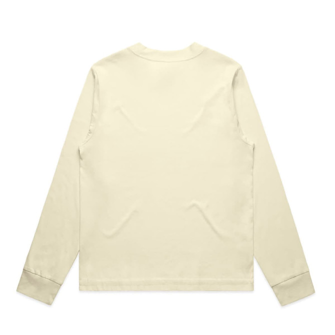 A long-sleeved cream tee shirt featuring a plain back design and a logo on the front.