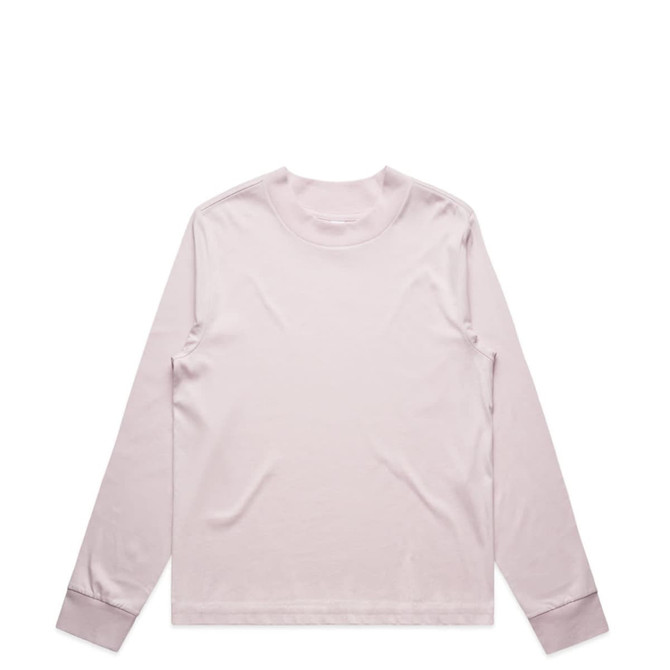 A long-sleeve t-shirt in light pink with a simple design and a branding logo.
