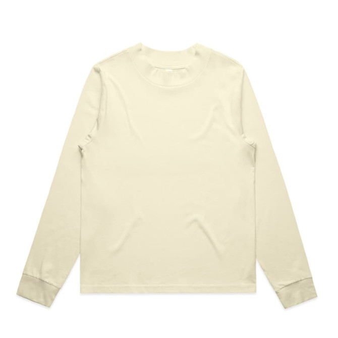 A cream long-sleeve tee featuring a crew neckline and cuffs. The shirt includes a logo.