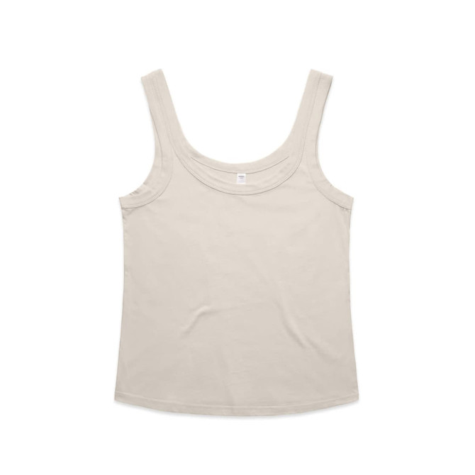 A light beige singlet with a scoop neckline and wide straps. The garment features a logo.