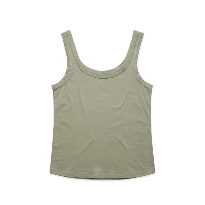 A soft, olive green singlet with a rounded neckline and thin straps. It features a logo tag.
