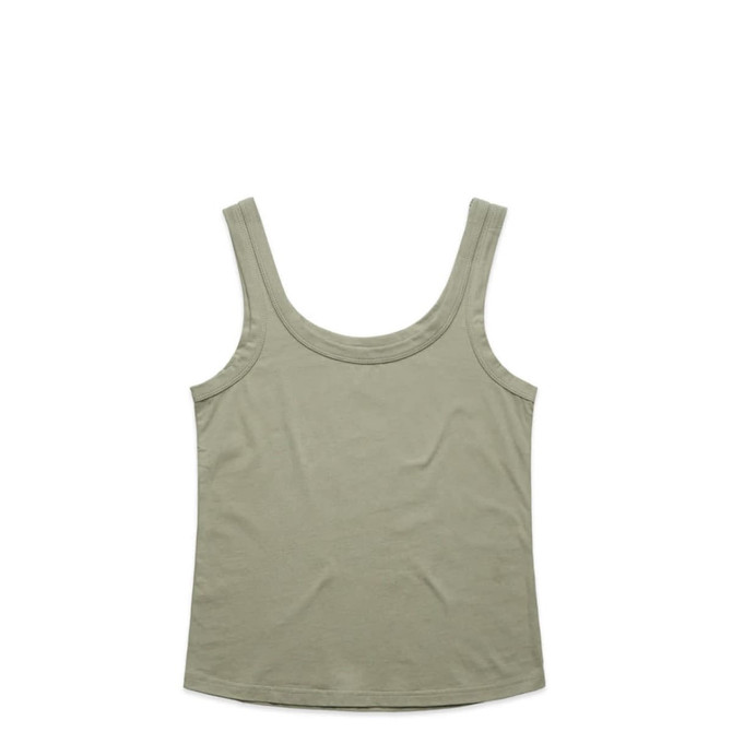 A soft green singlet with a rounded neckline and wide straps, featuring a logo.