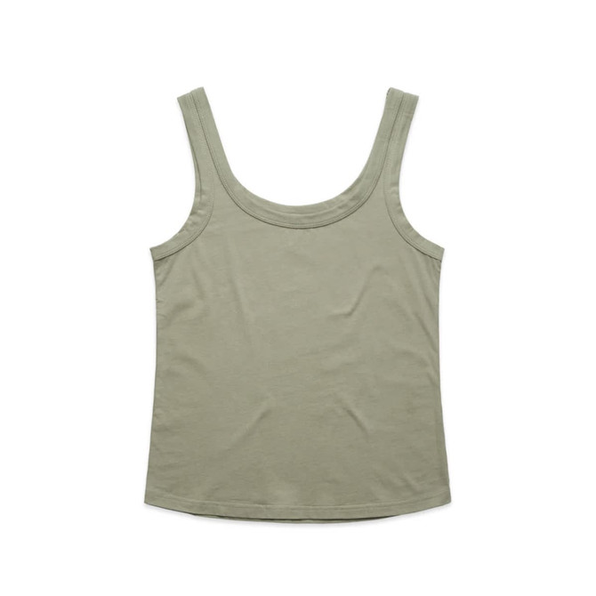 A green singlet with a scoop neck and shoulder straps. The fabric appears soft and smooth, featuring a branding logo.